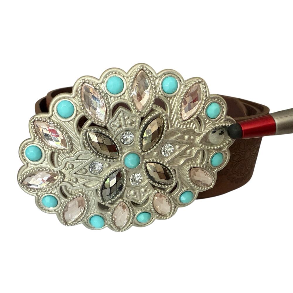 Western Belt Silver Bling Oval Buckle Brown Stamped Faux Leather Womens 33-35.5 - Picture 6 of 6